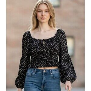 Indie Coquette Floral Smocked Crop Top Lush Black Puff Sleeve Peplum Tie Front S